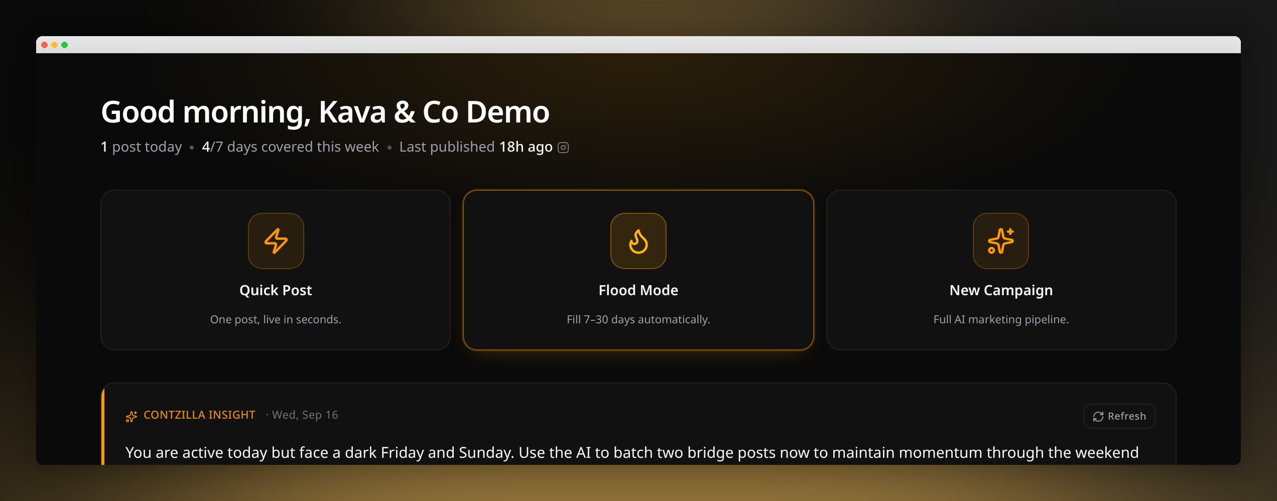 Kava & Co demo workspace showing Quick Post, Flood Mode, New Campaign, and an AI content recommendation